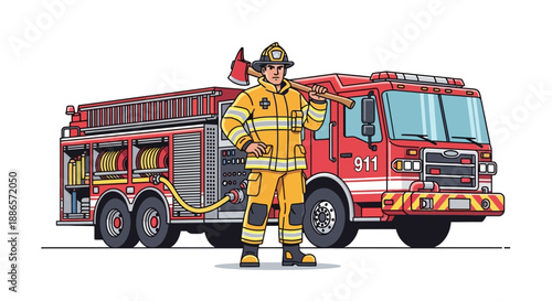 Firefighter standing proudly in front of a red fire truck illustration