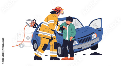 Firefighter assisting driver after car accident scene illustration