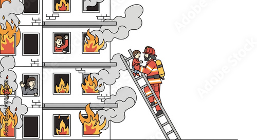 Firefighter Rescuing Child from Burning Building Illustration