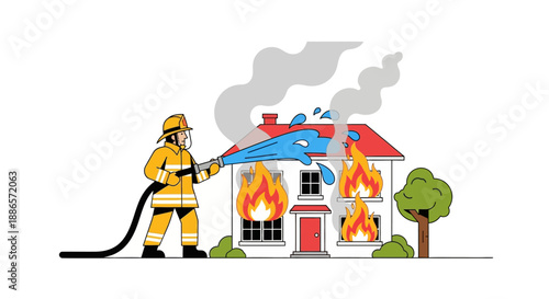 Firefighter extinguishing house fire with hose in vector illustration