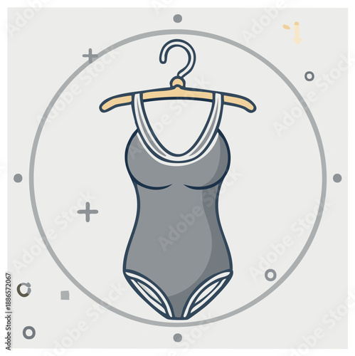 Grey swimsuit with hanger. One piece bathing suit on display. Summer fashion