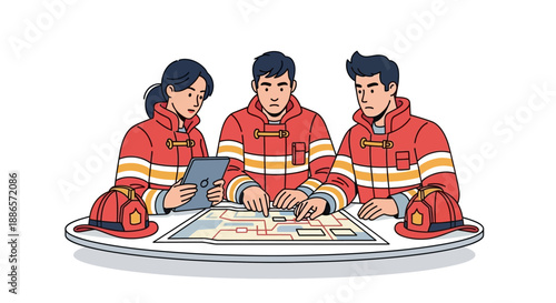 Firefighters Planning Strategy with Map and Digital Tablet