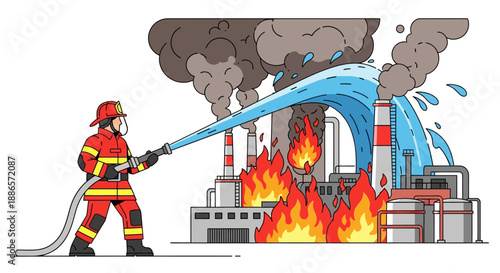 Firefighter battling industrial fire with hose and protective gear