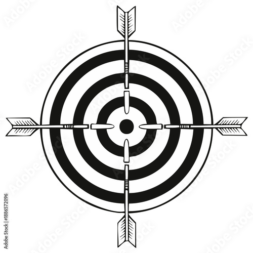Target with arrows, vector illustration of archery game, black and white sketch, achieving goals and accuracy concept.