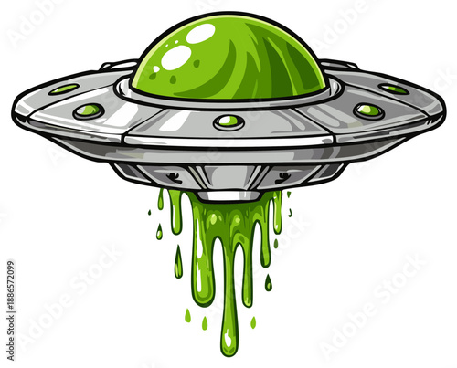 Cartoon illustration of a UFO with green goo dripping down