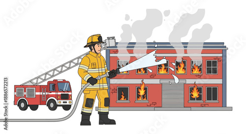 Firefighter extinguishing flames in burning building illustration