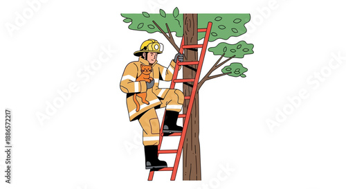 Firefighter rescuing a cat from tree using ladder in cartoon style