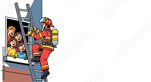 Firefighter rescuing family from building using ladder