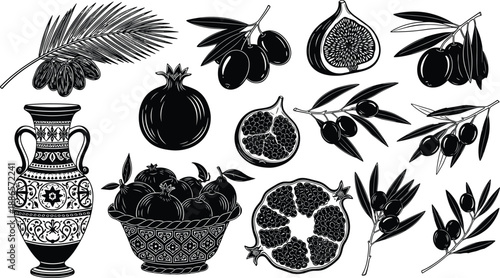 Mediterranean olives figs and pomegranates illustration with Greek pottery, black and white vintage fruit botanical artwork