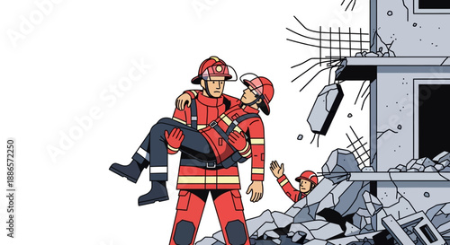 Rescue workers in action at building collapse scene illustration