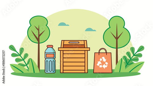 Recycling bin and shopping bag in a park setting trash can