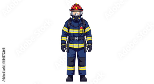 Illustration of Firefighter in Full Gear with Helmet and Oxygen Mask