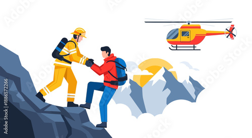 Rescue operation with firefighter assisting hiker on mountain