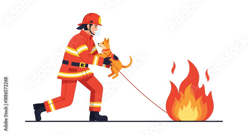 Firefighter rescuing cat from fire in vector illustration