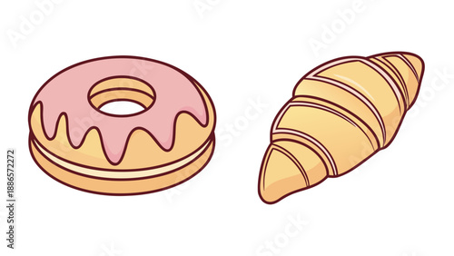 Pink Frosted Donut and Croissant on White Background