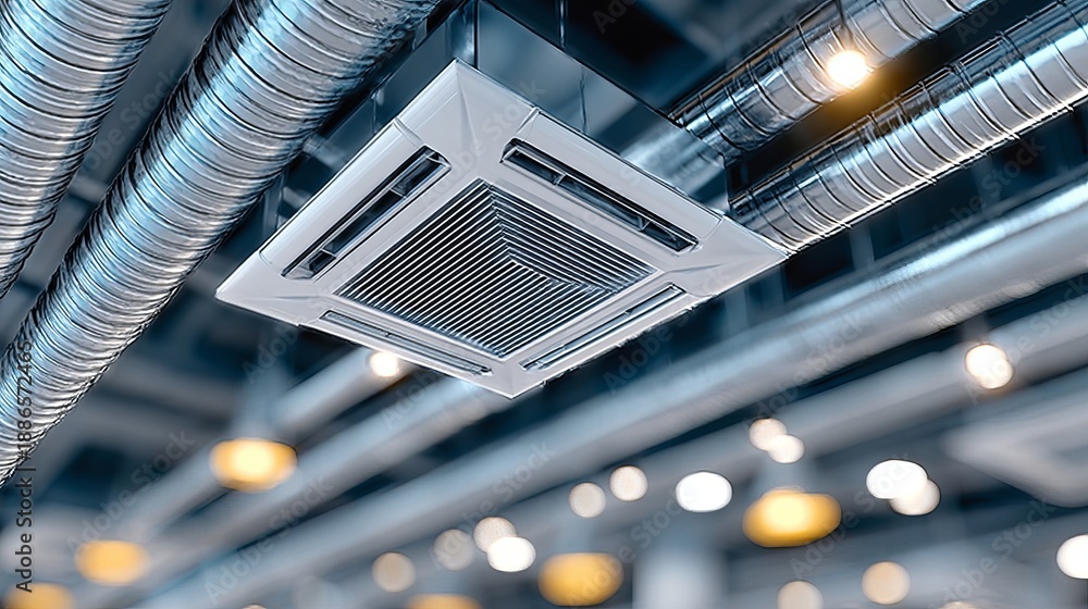 Naklejka premium Modern Office Interior Featuring Sleek Air Conditioning Unit and Exposed Ductwork Design Elements