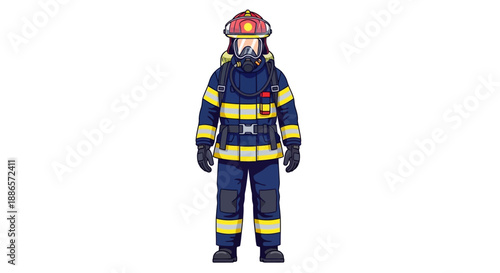 Illustration of firefighter in full protective gear on white background
