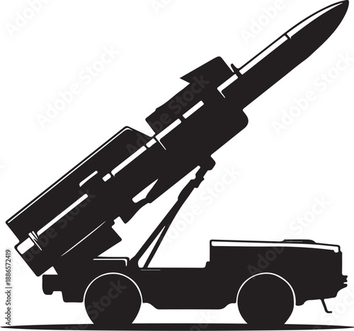 Black and white missile launcher on a mobile platform