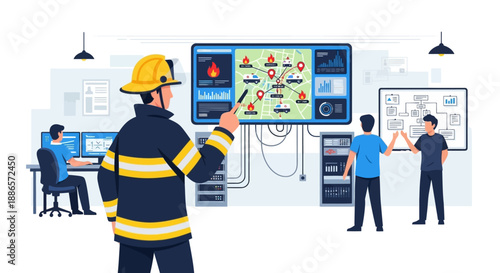 Firefighter Monitoring Emergency Response in Modern Control Room