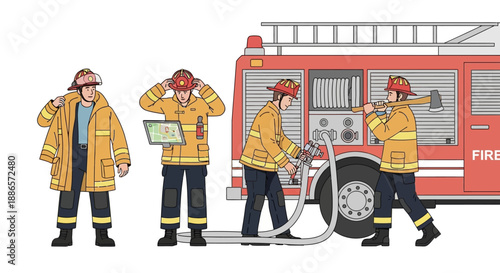 Firefighters in action with fire truck and equipment