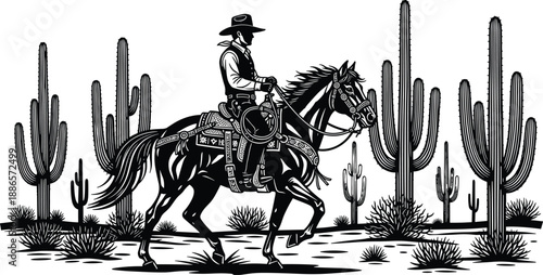Western cowboy riding horse in desert landscape with cactus silhouettes, black and white vintage western illustration