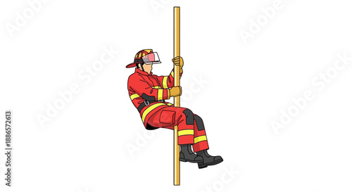 Firefighter in Red Uniform Sliding Down a Pole Illustration