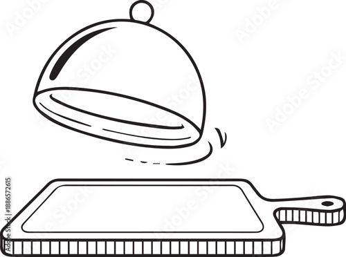 A serving dish lid being lifted from a tray with a handle, illustration, line art, simple background, elevated view