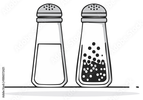 Hand drawn illustration of a salt shaker and a pepper shaker with ingredients shown