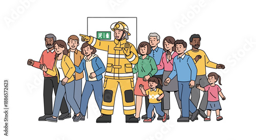 Firefighter leading diverse group to safety during emergency evacuation
