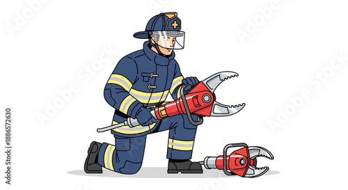 Firefighter in uniform using hydraulic rescue tools in vector illustration