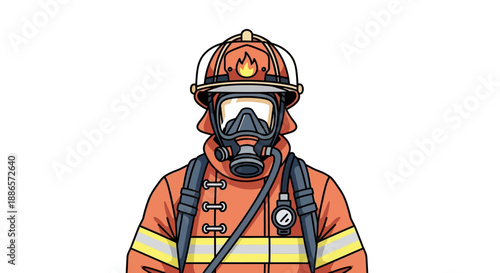 Illustration of Firefighter in Full Gear and Helmet on White Background