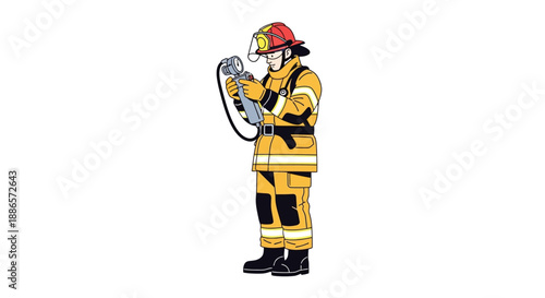 Firefighter in yellow uniform holding hose on white background