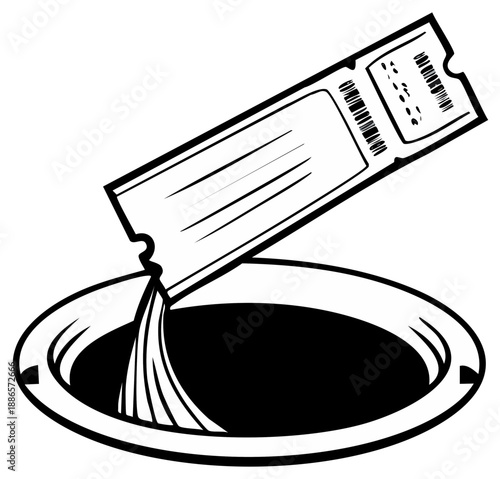 Toilet bowl with paper plunging down as waste in black and white illustration