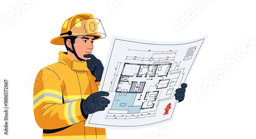 Firefighter examining architectural blueprint for building safety