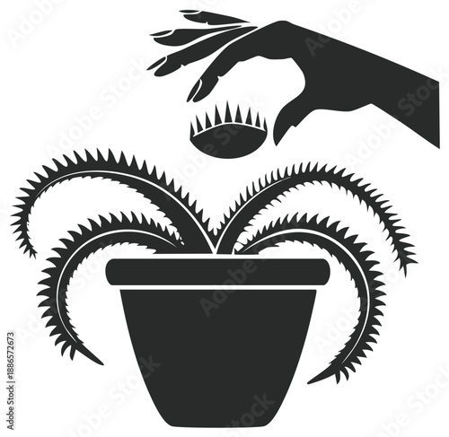 Venus Flytrap Danger Illustration with Hand About to Feed It to Plant Trap