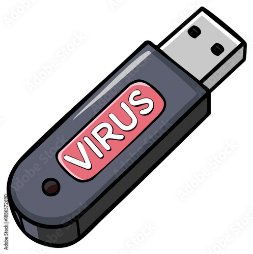 Computer Virus on Flash Drive Digital Threat Data Security Problem Cartoon Style Illustration