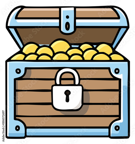 Cartoon Treasure Chest Filled with Golden Coins and Secure Padlock