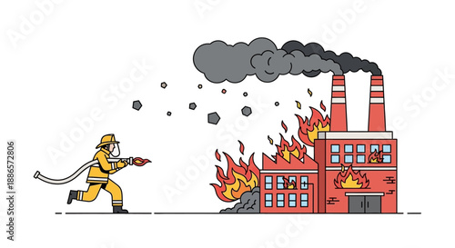 Firefighter battling factory blaze in vector illustration