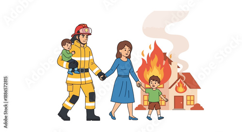 Firefighter rescuing family from burning house in emergency situation