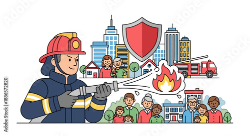 Firefighter extinguishing fire with cityscape and community background