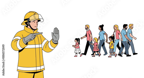 Firefighter guiding group of people in emergency evacuation drill