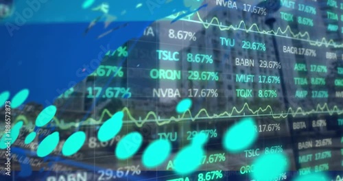Animation of stock market data processing over world map against tall buildings