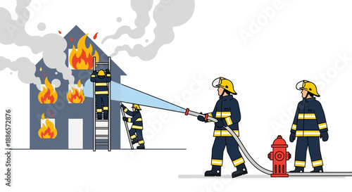 Firefighters Extinguishing Burning House with Hose and Ladder