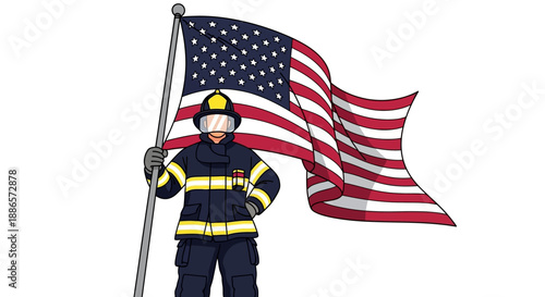 Firefighter in uniform holding American flag with pride