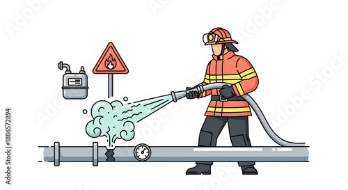 Firefighter fixing gas leak with hose in safety gear illustration