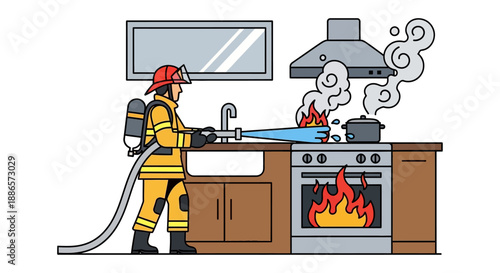 Firefighter Extinguishing Kitchen Fire in Modern Illustration