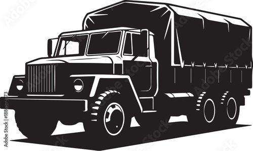 Black and white truck with covered cargo area vehicle