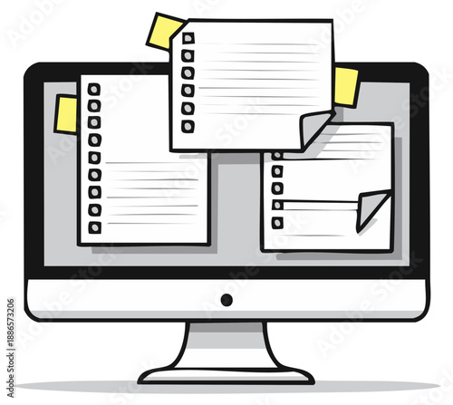 Digital notes and reminders displayed on a computer monitor screen