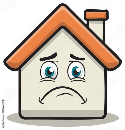 Cartoon house with sad face expressing unhappiness and disappointment