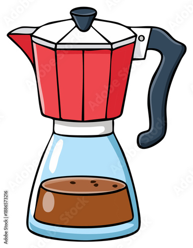 Cartoon-style illustration of a red Italian Moka pot with coffee.